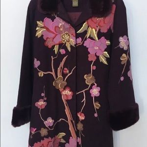 Anthropologie Coat 2003 Embroidered Blossom Coat size 2 burgundy Y2K